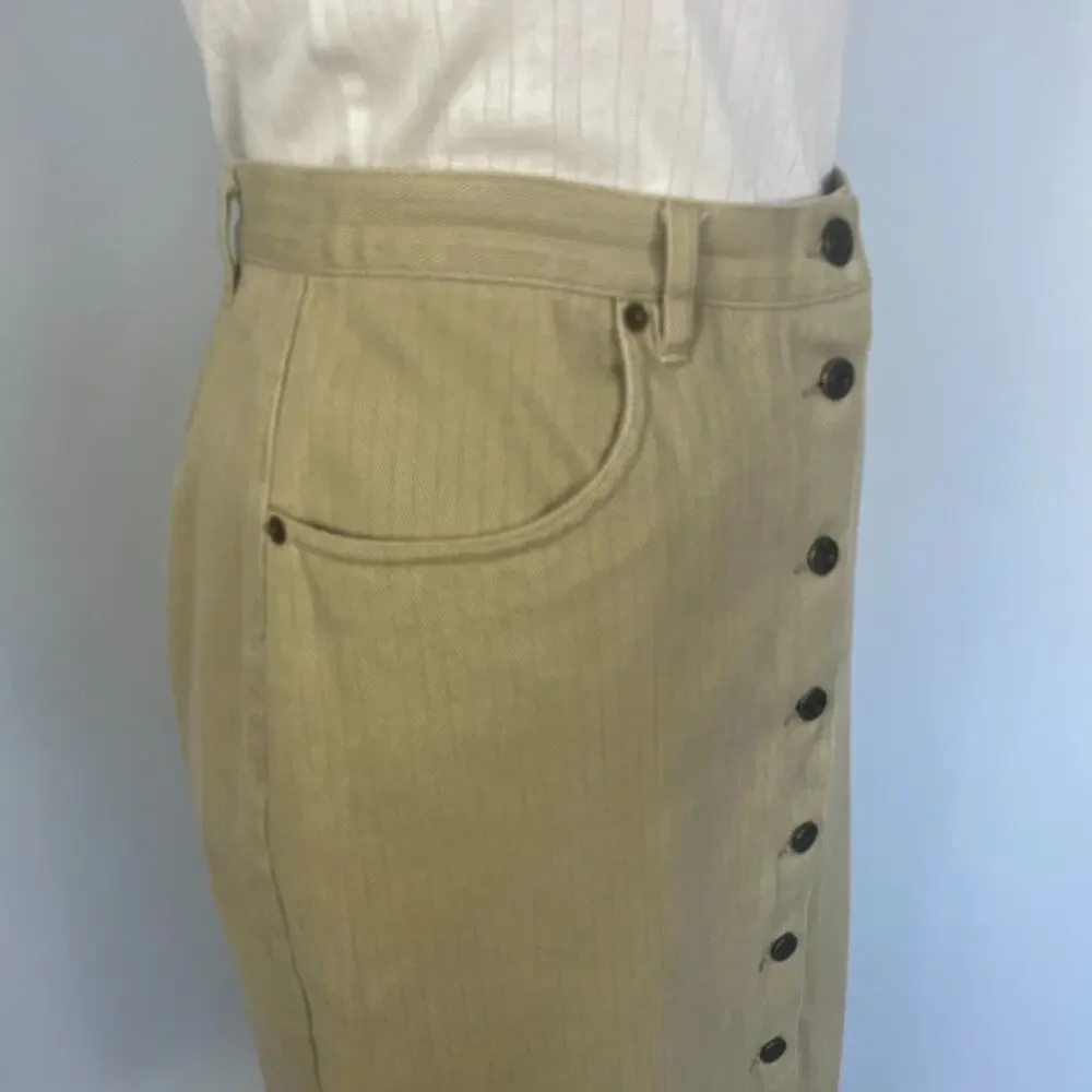 Vintage Button Front Skirt Size 10 Khaki Tan Pinstripe Minimal Rodeo Western 90s